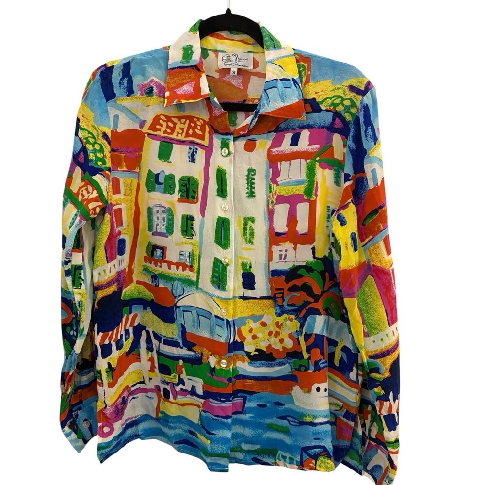 Michael Leu VINTAGE Top S 100% Silk Shirt Abstract Long Sleeve Art to Wear 1999